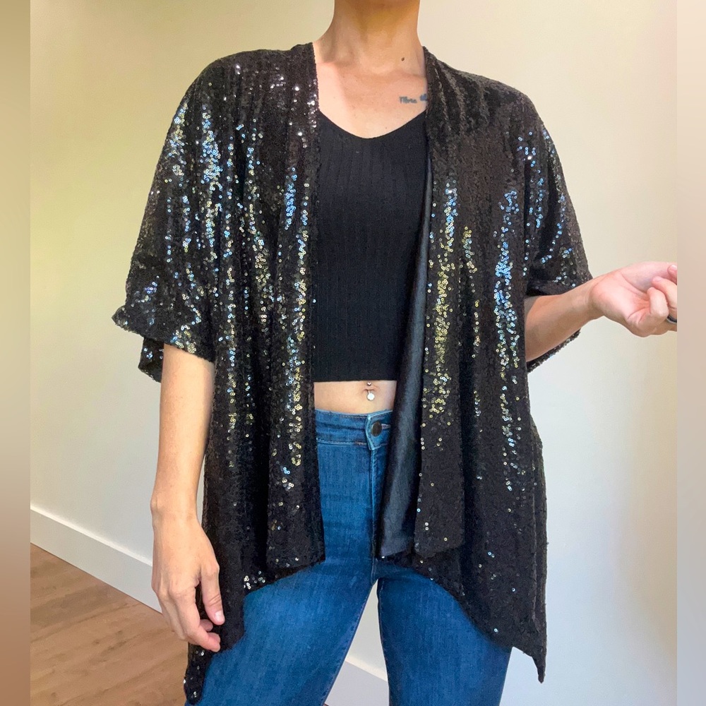 Marcus Adler New York Black Sequined Shawl Cardigan Coverup
